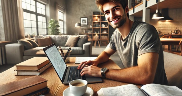 Joven estudiando en casa con libros y portátil, preparando la ESO
