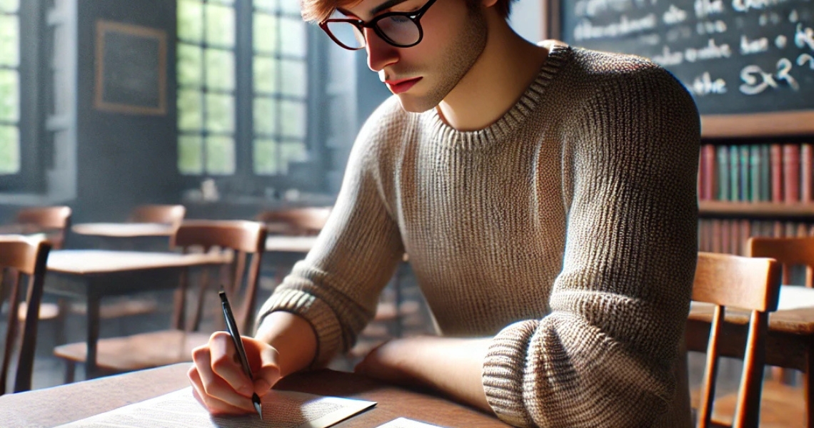 Joven concentrado escribiendo un examen en el aula, con fondo de libros y pizarra, preparándose para Filosofía en las PCE UNEDasiss